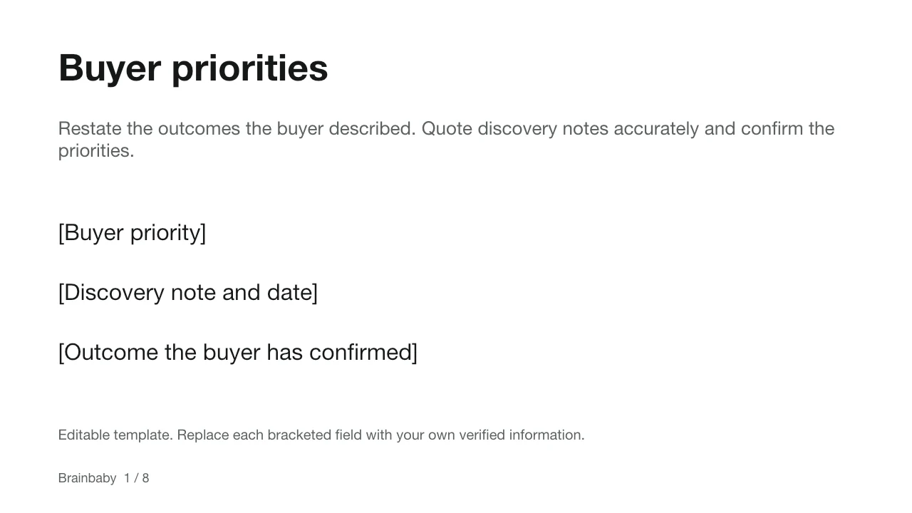 First slide of the editable starter, showing fields to complete: Buyer priorities
