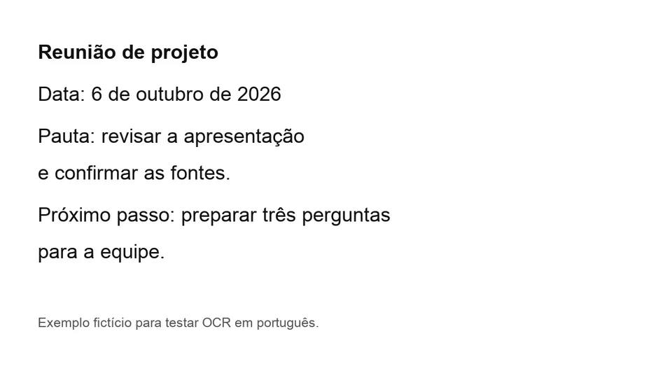 Imagem original de teste com uma reunião e tarefas fictícias em português, para comparar com o texto extraído pelo OCR